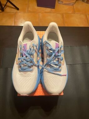 Brooks Ghost 17 with Box with Orange, Cream, Blue and Black Graphics.